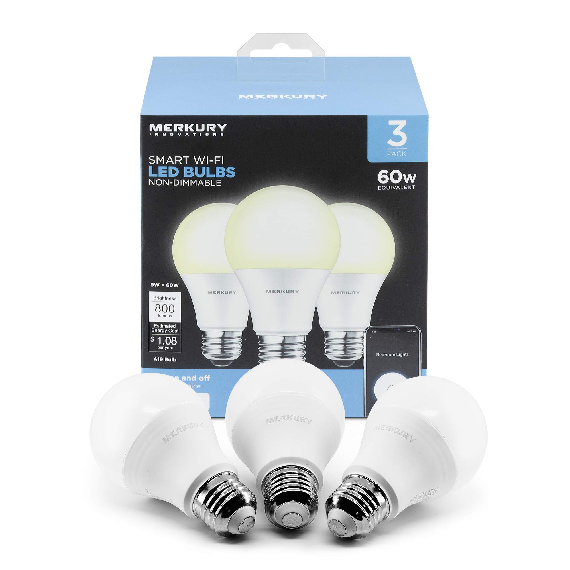 Merkury Innovations A19 Smart White LED Bulb 60W Non-Dimmable 3-Pack, Voice Control, Hub Compatible, 9 Watt, 800 Lumens, 3 Pack