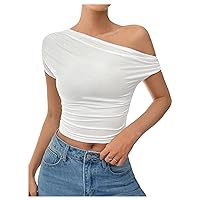 SOLY HUX Women's Off Shoulder Tee Crop Tops Short Sleeve Asymmetrical Neck Ruched T Shirt