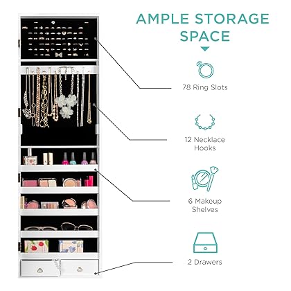 Best Choice Products Standing Mirror Armoire, Lockable Jewelry Storage Organizer Cabinet w/Velvet Interior, 3 Angle Adjustments - White