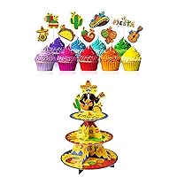 WERNNSAI Mexican Fiesta Cupcake Toppers and Mexican Fiesta 3-Tier Cupcake Stand