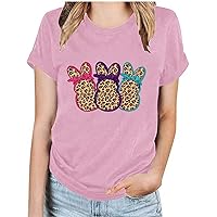Leopard Easter Bunny T-Shirt for Women Easter Short Sleeve Tops Rabbit Graphic Tee Summer Casual Crewneck Blouse