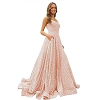 Women's Sparkly Sequin Prom Dresses Long A Line Evening Party Dress with Pockets