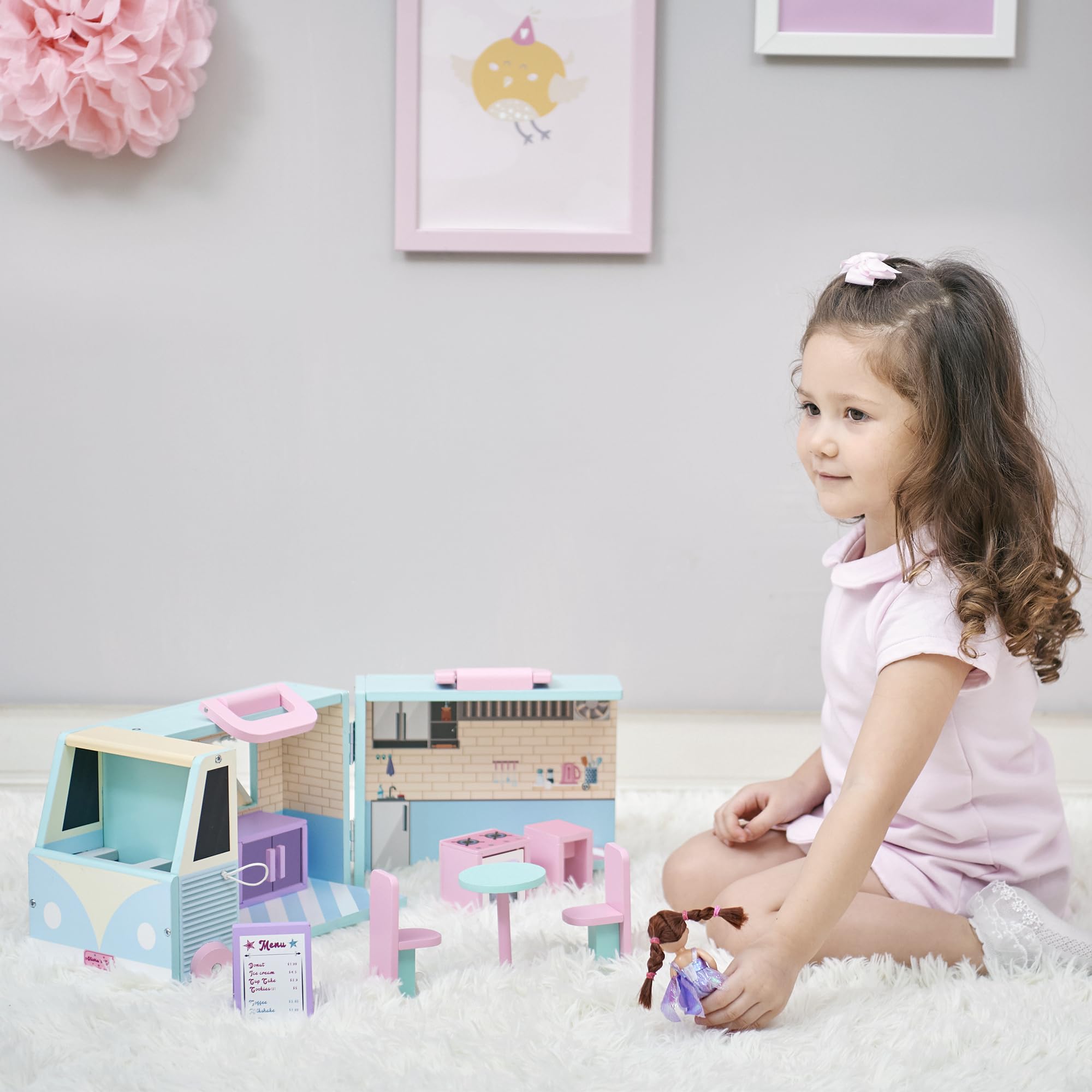 Olivia's Little World - Fold and Go Wooden Dollhouse, Cafe Portable Food Truck Dollhouse Playset, Pretend Play with 8 Accessories in 2-Way Play, Pretend Play Portable Toy Gift Set, Blue/Pink, Ages 3+
