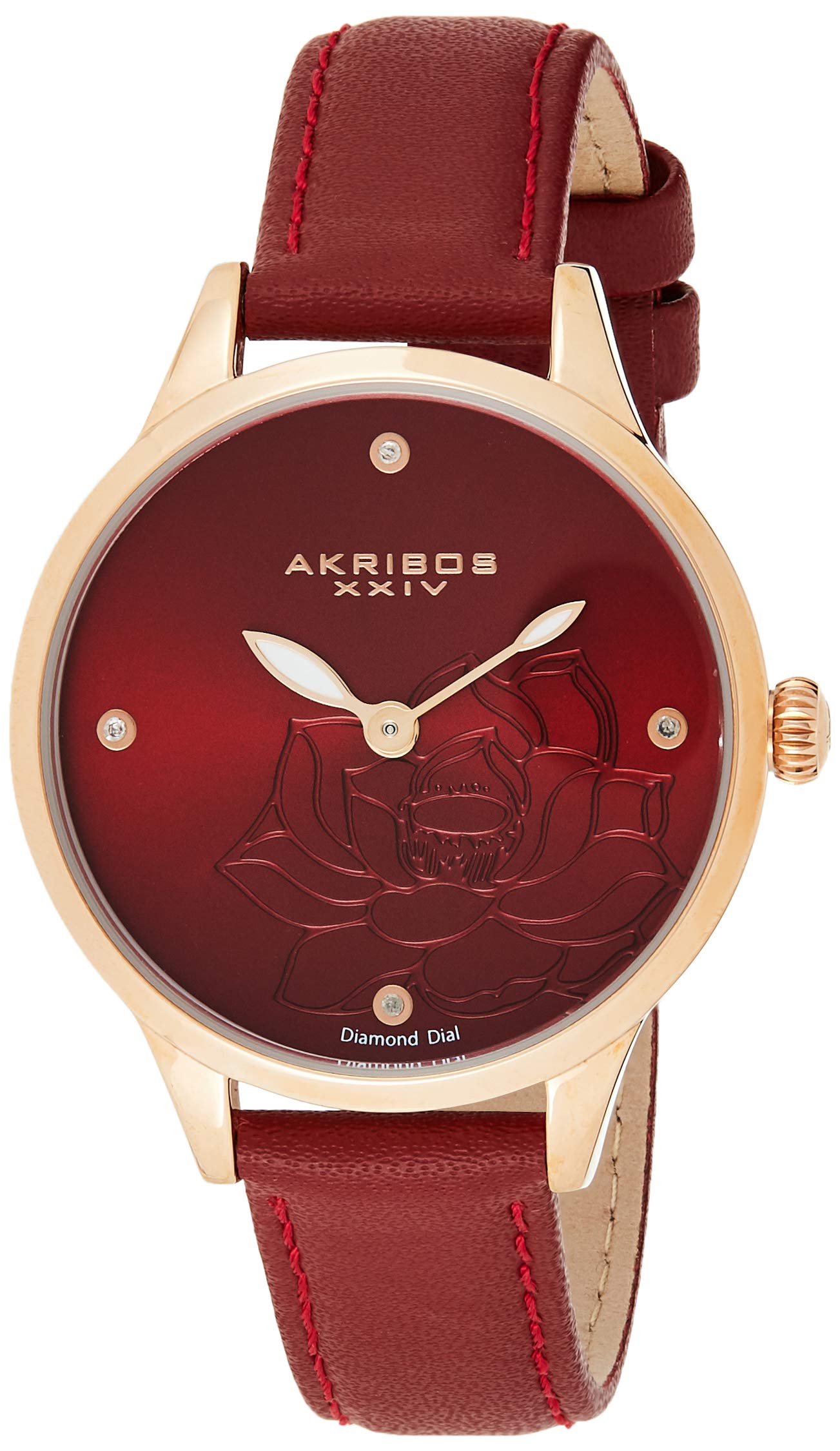 Akribos XXIV Flower Engraved Dial Watch - 4 Diamond Markers On a Leather Strap Women's Watch - Beautiful Gift Box Perfect for Mothers Day - AK1047