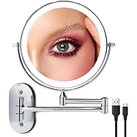 FASCINATE Rechargeable LED Wall Magnifying Mirror, Wall Mounted 8'' Makeup Mirror with 3 Lights and 1X 10X Magnification, 360° Swivel 17.4 inch Extension Bathroom Mirror (Silver)