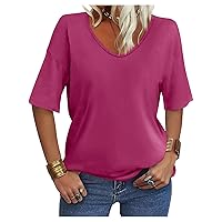Women's V Neck Tops Elbow Length Shirts Loose Fit Summer Tops Basic Tees