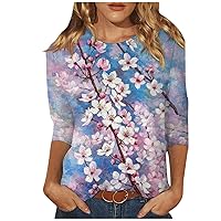 Womens Tops 3/4 Length Sleeves T-Shirts Trendy Three Quarter Sleeve Tops Ladies Floral Printed Tee Shirts Blouse