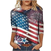 Star Stripes American Flag T Shirt for Women 2024 4th of July Patriotic Shirts Summer Casual 3/4 Sleeve Tunic Tops