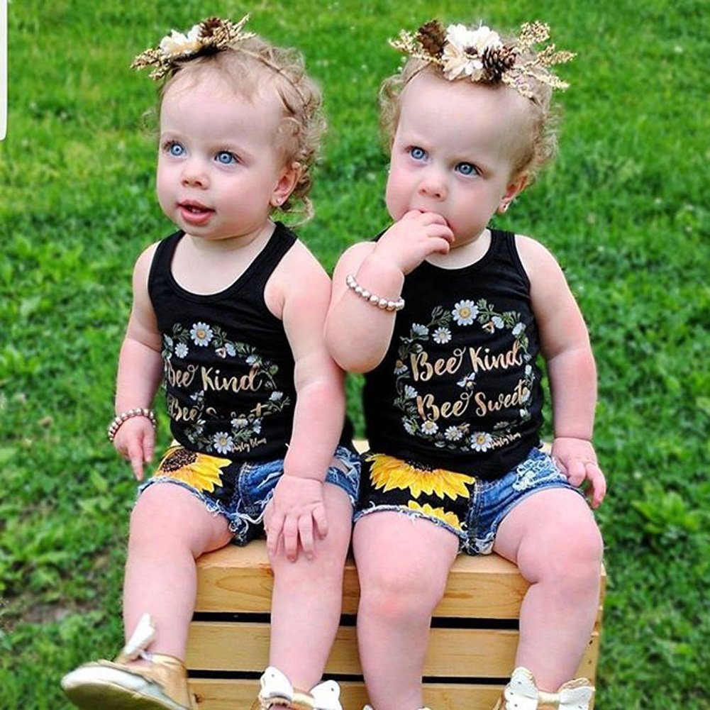 Honganda Fashion 2Pcs Toddler Kids Baby Girl Sunflower Outfits Sleeveless Tank Top+Denim Shorts Summer Clothes