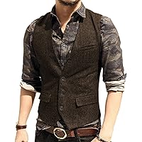 Men's Wedding Plus Size Dress Vest with 3 Pockets Casual Herringbone Tweed Slim Fit Waistcoat Jacket Tank Top for Prom Party