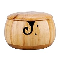 TRRAPLE Wooden Yarn Bowl, Handmade Yarn Storage Bowl with Removable Lid Crafted Wooden Weaving Thread Bowl with Carved Holes and Drills Holes