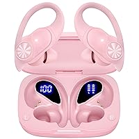 Bluetooth Headphones Wireless Earbuds 80hrs Playtime Wireless Charging Case Digital Display Sports Ear buds with Earhook Premium Deep Bass IPX7 Waterproof Over-Ear Earphones for TV Phone Laptop Pink