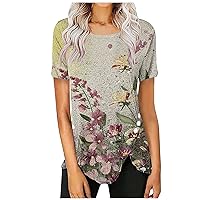 Womens Summer Tops 2023 Flower Print Fashion Shirt Tshirts Short Sleeve Irregular Hem Blouse Tunic Roundneck