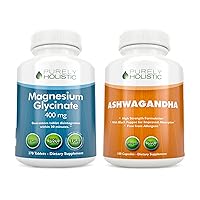 Magnesium Glycinate 400mg + Ashwagandha 1300mg - Vegan Bundle - 270 Tablets & 180 Capsules - Made in USA