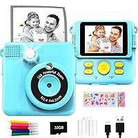 Instant Print Camera for Kids - 1080P HD Instant Print Photo - Christmas Birthday Gifts for Age 4 5 6 7 8 9 10 Girls Boys - Portable Toy with 3 Rolls Photo Paper, 5 Color Pens, 32GB Card - Blue