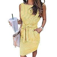 Womens Summer Dresses Sleeveless/Short Sleeve Striped T Shirt Dress Casual O Neck Tie Waist Mini Dress with Pockets