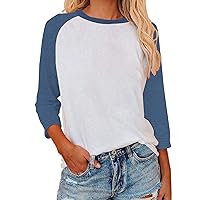 Womens 3/4 Sleeve Shirts Summer Crewneck T-Shirts Loose Basic Tops Cotton Blend Tops for Women