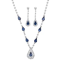 PalmBeach Silvertone Pear Cut Simulated Blue Sapphire and Round Crystal, Drop Necklace and Earring Set, 13 inches plus 4 inch extension