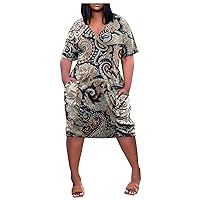 Womens Plus Size Maxi Dress Summer Plus Size V Neck Short Sleeve Knee Pocket Soild Color Casual Dress