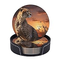 Cheetah with Sunset Print Coasters Leather Drink Coasters Set of 6 Heat Resistant Bar Coasters with Storage Case Round Cup Mat Pad for Living Room Kitchen Office Gift
