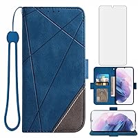 Asuwish Compatible with Samsung Galaxy S21 Plus S21+ 5G Wallet Case and Tempered Glass Screen Protector Flip Card Holder Stand Cell Accessories Phone Cover for S21+5G 21S + S 21 21+ G5 Women Men Blue