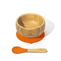 allBambu Bamboo Baby Bowl & Spoon Set with Suction, Bamboo Kids and Toddler Bowl, BPA Free Bamboo Kids Utensils, Ideal for Baby-Led Weaning BLW (Orange)