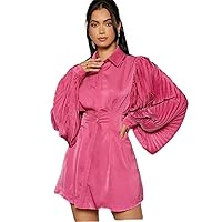 Summer Dresses for Women 2022 Solid Lantern Sleeve Button Front Fold Pleated Mini Dress Dresses for Women (Color : Hot Pink, Size : Large)