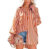 Gnveub Womens Stripes&Solid Color Button Down Shirts Casual Loose Dressy Blouses Tops