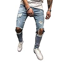 Andongnywell Men's Ripped Stretchy Knee Destroyed Slim Jeans Tapered Leg Denim Pants Zipper Pencil Pant