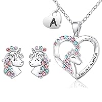 Shonyin Silver Unicorn Necklace Earrings for Women Girls A Initial Necklaces CZ Heart Pendant Christmas Birthday Party Valentines Day Jewelry Gifts for Teens Daughter Granddaughter Niece