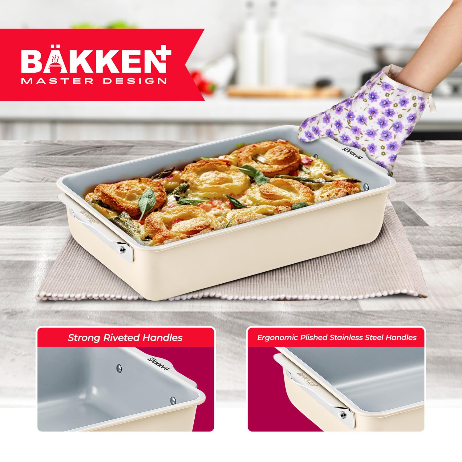 Bakken 8-Piece Stackable Bakeware Set - Ceramic Non-Stick Coating, Baking Sheets, Assorted Baking Pans, PTFE, PFOA & PFOS Free - Healthy Baking, Ergonomic Handles, Cooling Rack, Non-Toxic, Oven-Safe