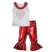 Petitebella Rhinestone Heart White Cotton Shirt Red Shiny Pant Set Girl 1-8y