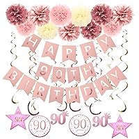 Rose Gold 90th Birthday Party Decorations, Rose gold Glittery Happy 90th Birthday Banner,Poms,Sparkling Hanging Swirls Kit for 90th Birthday Party Supplies