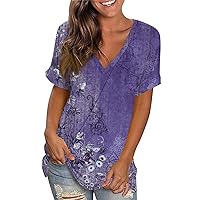 Tops for Women Trendy V-Neck Summer Spring Oversized Short Sleeve T-Shirts Casual Work Plus Size Tunic Blouses