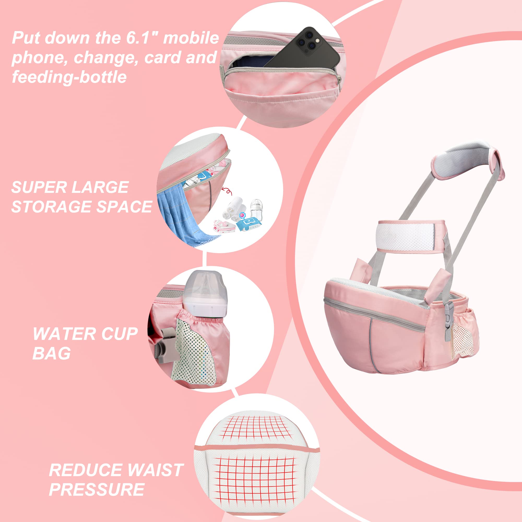 AGUDAN Baby Hip Seat Carrier, Ergonomic Waist Stool with Adjustable Strap Pocket Soft Base for Child Infant (Pink)