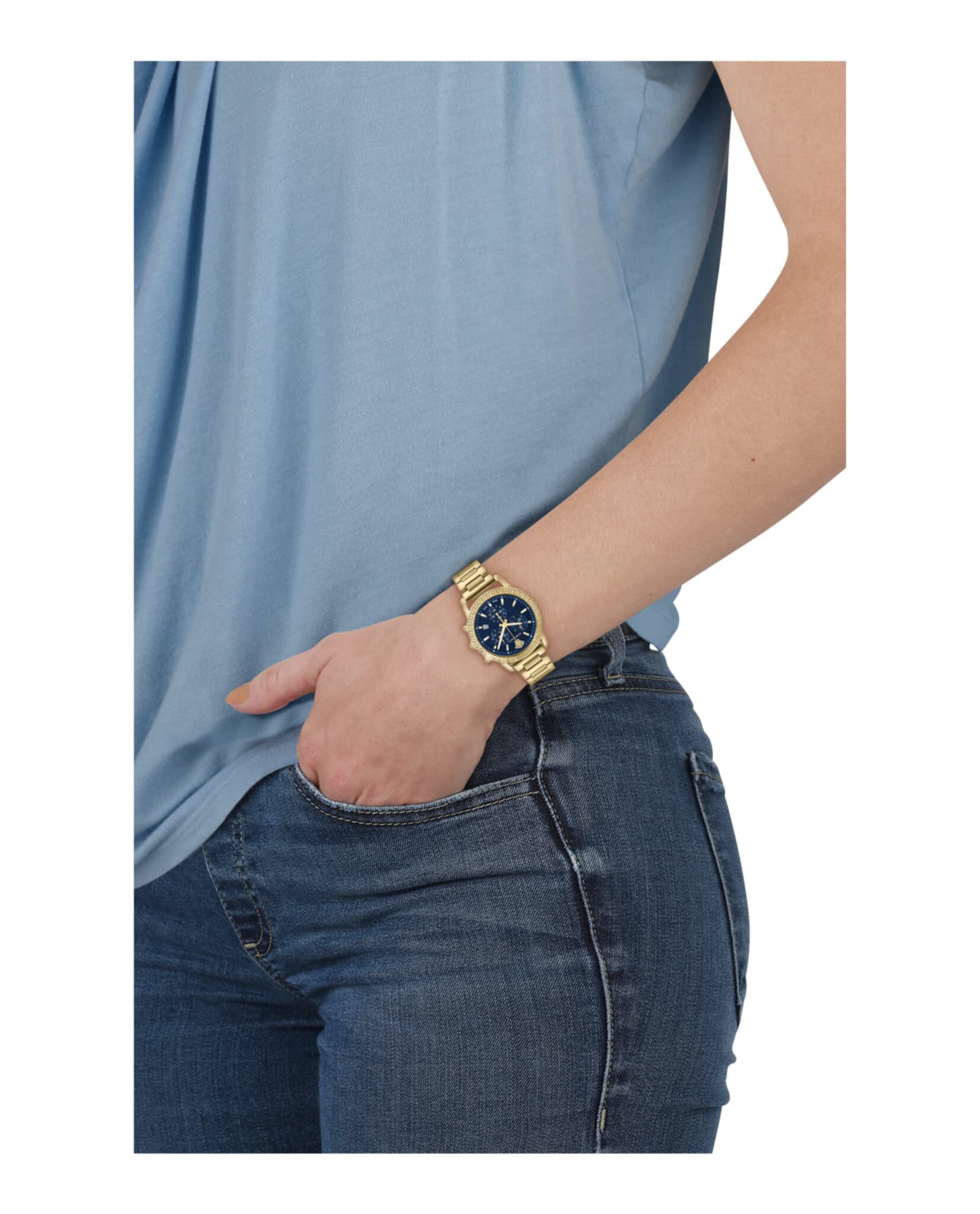 Versace Sport Tech Collection Luxury Womens Watch Timepiece with a Gold Bracelet Featuring a Gold Case and Blue Dial