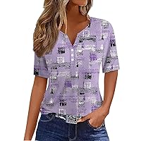 Summer Tops for Women 2024 T Shirt Tee Print Button Short Sleeve Weekend Fashion Basic V- Neck Regular Top