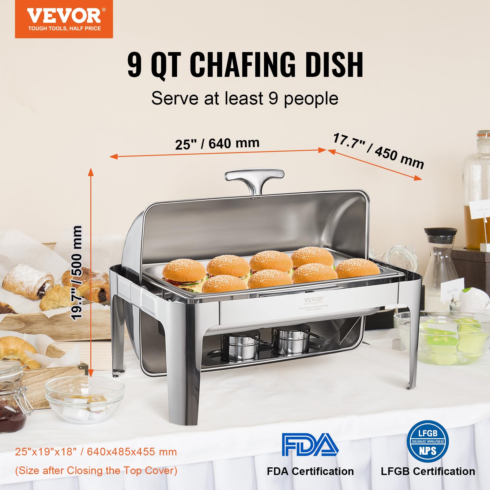 VEVOR Roll Top Chafing Dish Buffet Complete Set, 9 Qt Stainless Steel Chafer with Full Size Pan, Rectangle Catering Warmer Server with Lid Water Pan Stand Fuel Holder Meal Clip, for at Least 9 People