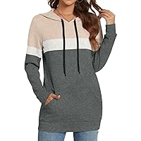 CATHY Women's Casual Drawstring Pullover Tunic Top Long Sleeve Color Block Hoodie Sweatshirts With Pocket