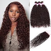 UNICE Reddish Brown Curly Human Hair 3 Bundles with 4x4 lace closure Free Part Remy Human Hair Dark Auburn Human Hair Extensions 14 14 14+14 inch Closure
