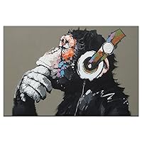Framed Animal Music Gorilla Canvas Printed Painting Modern Funny Thinking Monkey with Headphone Wall Art for Home Decor Ready to Hang 1 PCS (16x24inch(40x60cm))