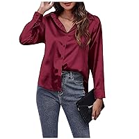 Women's Button Down Shirt Fashion Casual V-Neck Solid Satin Imitation Silk Long Sleeved Shirt Top Casual, S-2XL