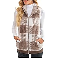 Fall Winter Plaid Fuzzy Fleece Vest Sleeveless Zip Up Daily Warm Vests Coat 2023 Casual Lapel Jacket with Pockets