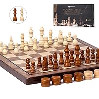 Chess Set 15'' Chess Board Wooden Magnetic Folding Chess Board Set for Adults & Kids Checkers Game for Kids Portable Travel Chess Game for Beginner 2 Extra Queens (Walnut Color)