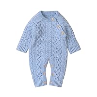 Newborn Baby Boy Girl Sweater Knitted Romper Long Sleeve Button Jumpsuit Bodysuit Clothes-Blue 12-18 Months
