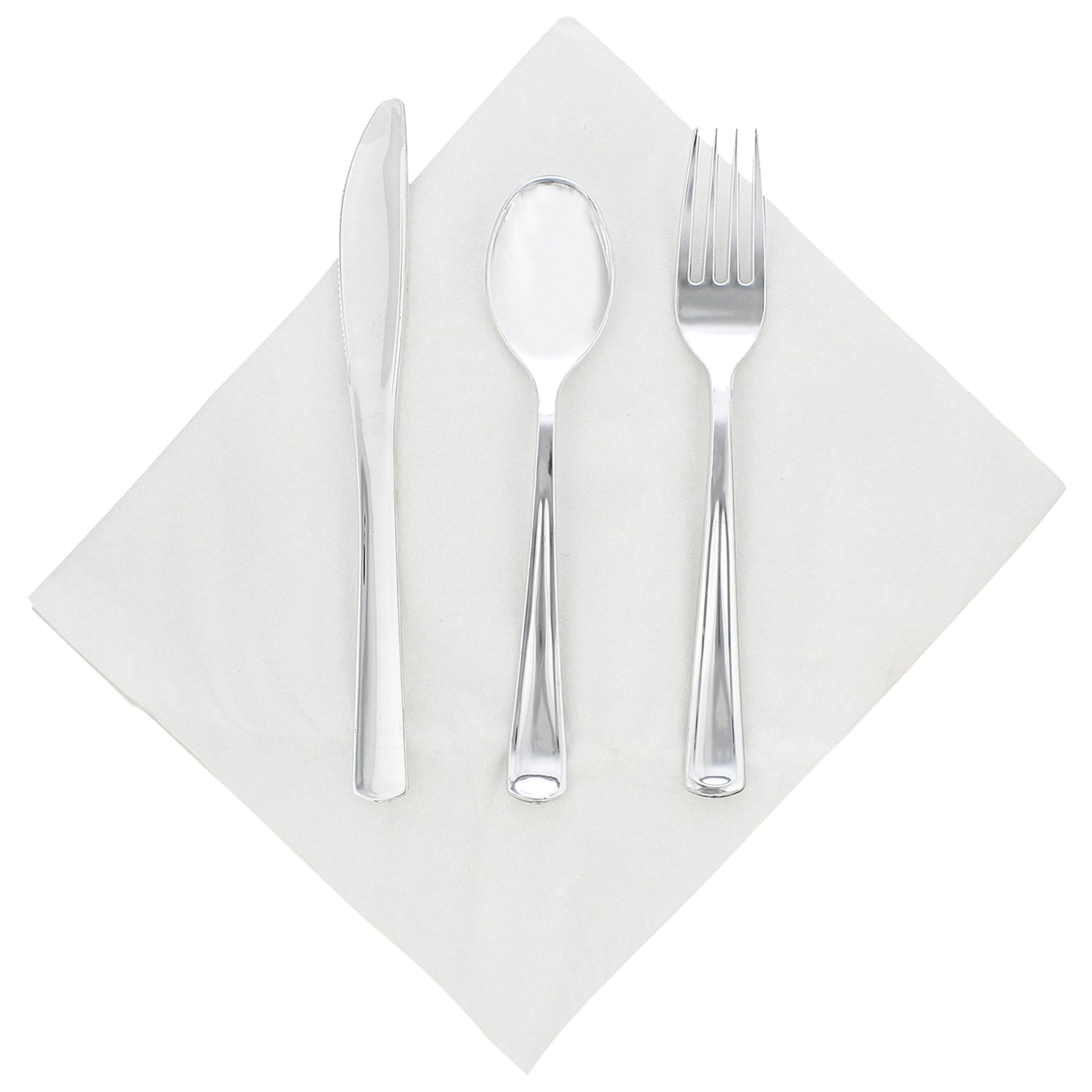 Spec101 Silver Plastic Silverware Sets for Parties Set of 300 - Pre Rolled Disposable Cutlery Individually Wrapped Plastic Utensils Set with Napkins for Weddings, Anniversaries, and Events
