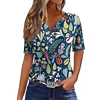 Womens Short Sleeve Button Down Shirts T Shirt Hawaiian Print Daily Weekend Fashion Basic V- Neck Regular Top