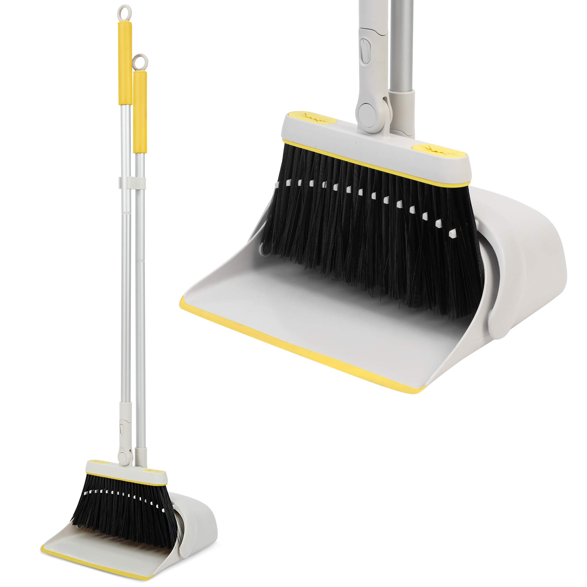 Jekayla Broom and Dustpan Set with Extendable Long Handle, Upright and Lightweight Cleaning Combo for Home Kitchen Room Office Lobby, Yellow and Grey