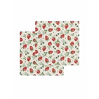 Strawberry Kitchen Towels Set of 2, Waffle Microfiber Towels, Spring Floral Summer Botanical Green Rustic Absorbent Dish Towels Cloths Decorative Hand Towels for Bathroom 12x12 Inch