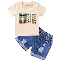 Viworld The Birthday Boy Clothes Baby Boy Short Sleeve Letter Print Shirt Denim Short Pants Cake Smash Outfit Set